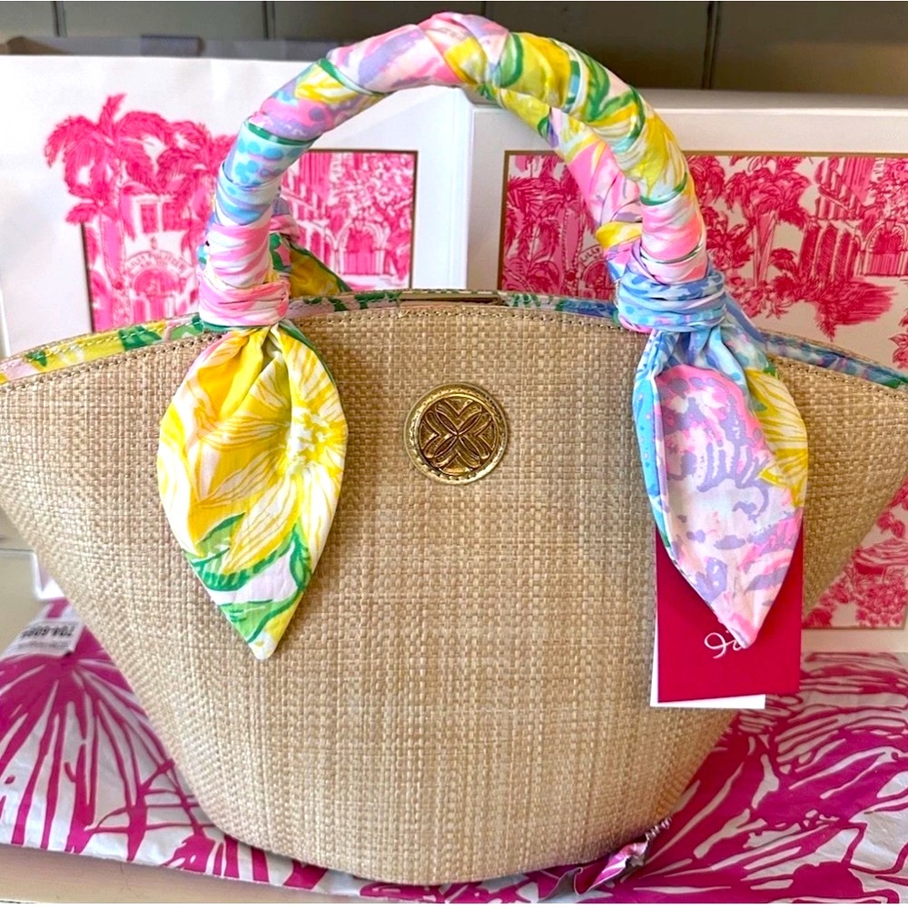 NWT LILLY PULITZER MALIA MINI STRAW BAG BRIGHT DELIGHT PATCH MULTI BEAUTIFUL! - Picture 7 of 15